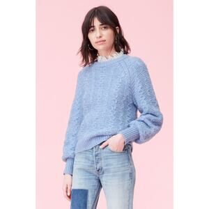 NWT $350 Rebecca Taylor Cable Knit Sweater MEDIUM Misty Blue Pullover Wool Blnd